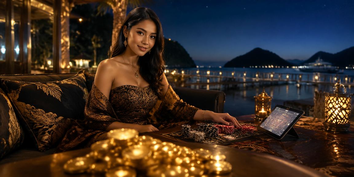 Model Vietnam di depan layar casino online dengan pencahayaan dramatis