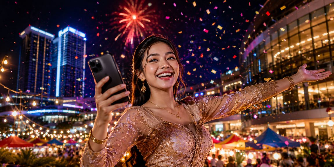 Pengguna mengakses casino mobile di pasar malam Vietnam yang ramai dan bercahaya
