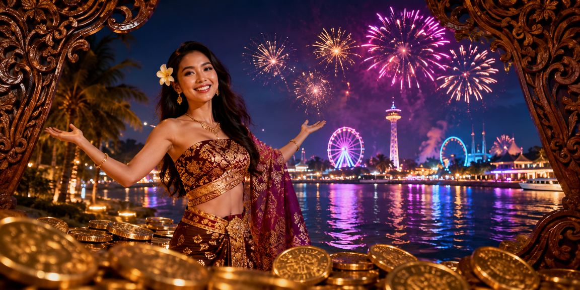 Tiket lotre dan layar permainan dengan pemandangan pantai Vietnam yang cerah