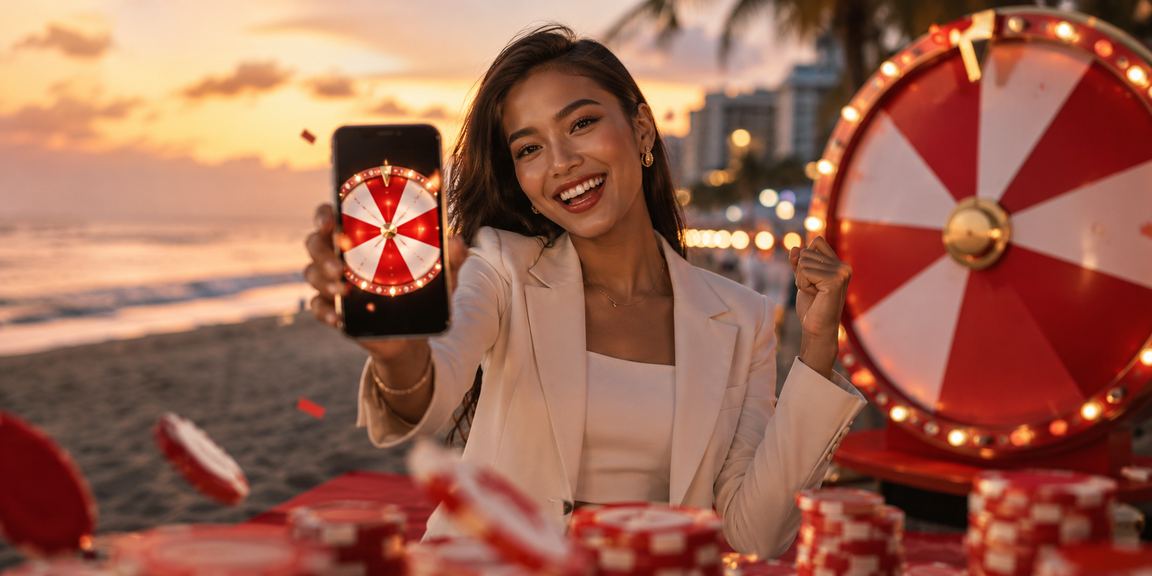 Suasana lucky draw pantai Vietnam dengan hadiah menarik dan pencahayaan festival